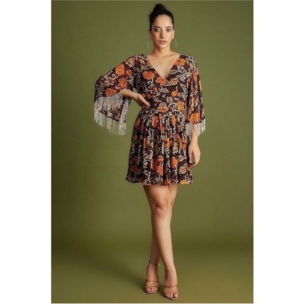 Anthropologie Verb by Pallavi Singhee Dress Fringe Sequin Mini in Floral Orange